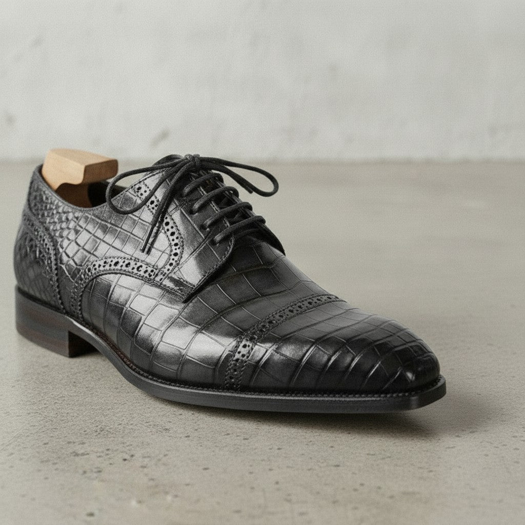 Black Crocodile-Embossed Leather Cap-Toe Derbies — Ayleson