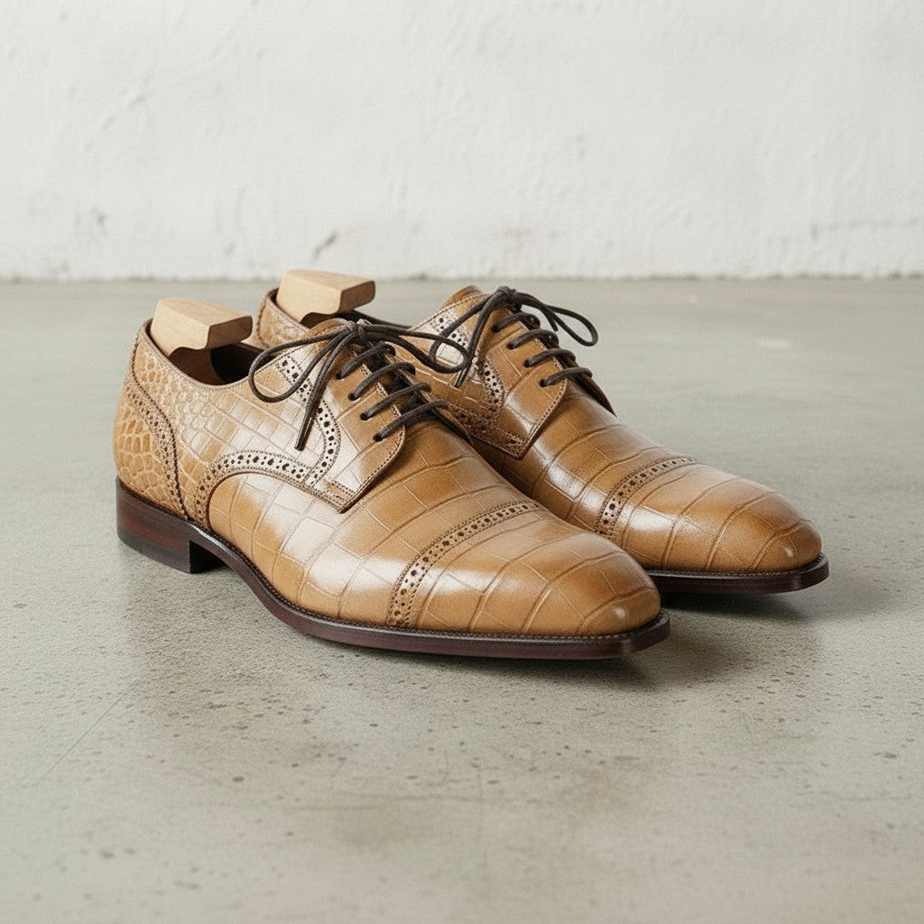 Tan Crocodile-Embossed Leather Cap-Toe Oxfords — Ayleson