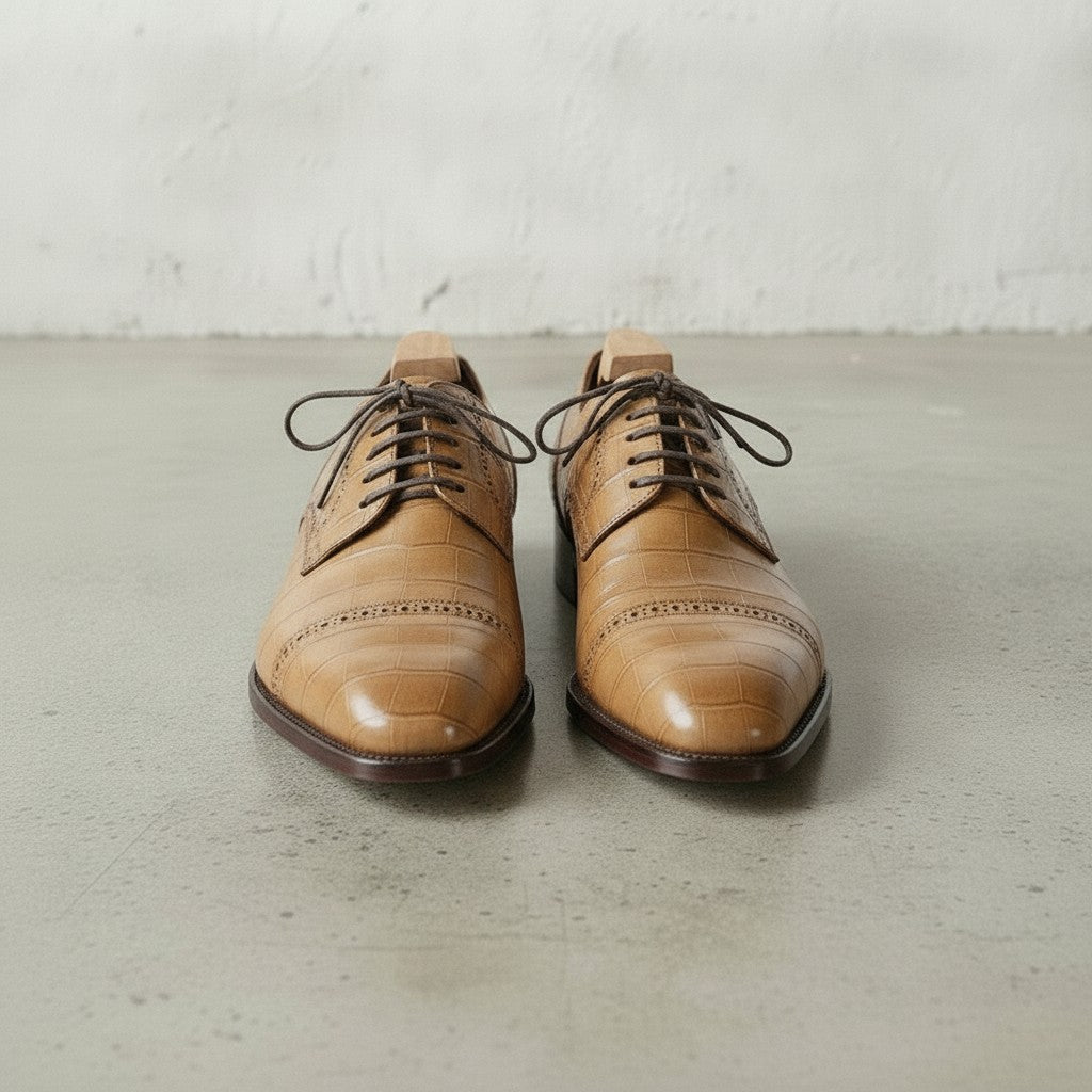Tan Crocodile-Embossed Leather Cap-Toe Oxfords — Ayleson