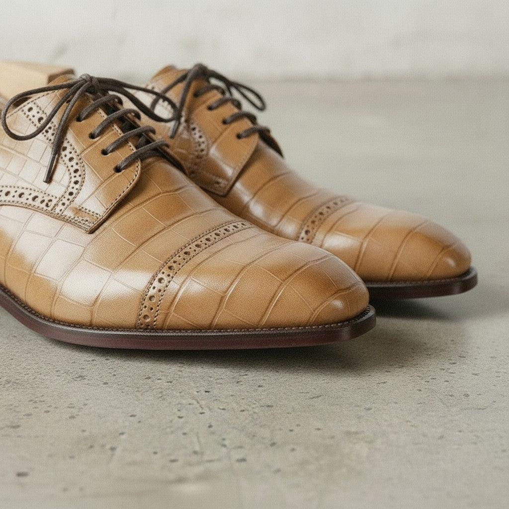 Tan Crocodile-Embossed Leather Cap-Toe Oxfords — Ayleson