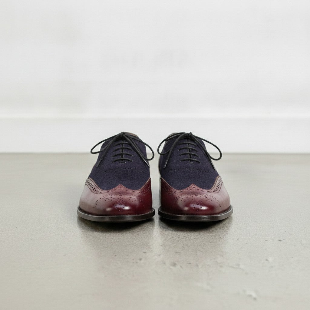 Men's Brown and Dark Blue Burgundy Wingtip Leather Oxfords — Langham