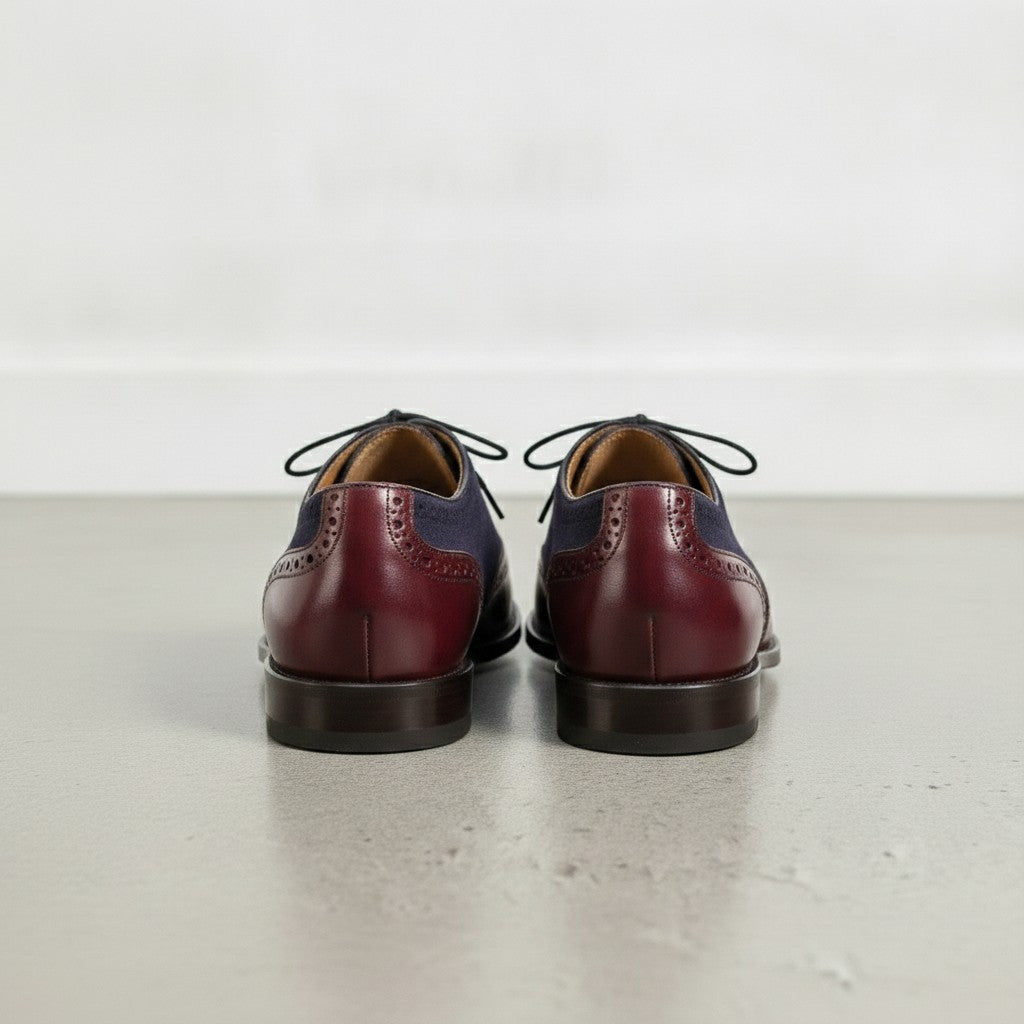 Men's Brown and Dark Blue Burgundy Wingtip Leather Oxfords — Langham