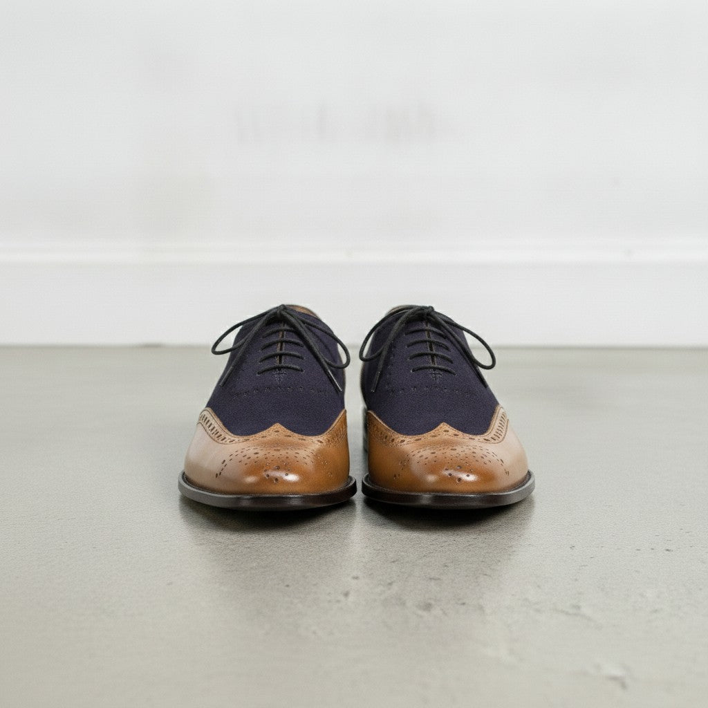 Men's Brown and Dark Blue Tan Wingtip Leather Oxfords — Langham