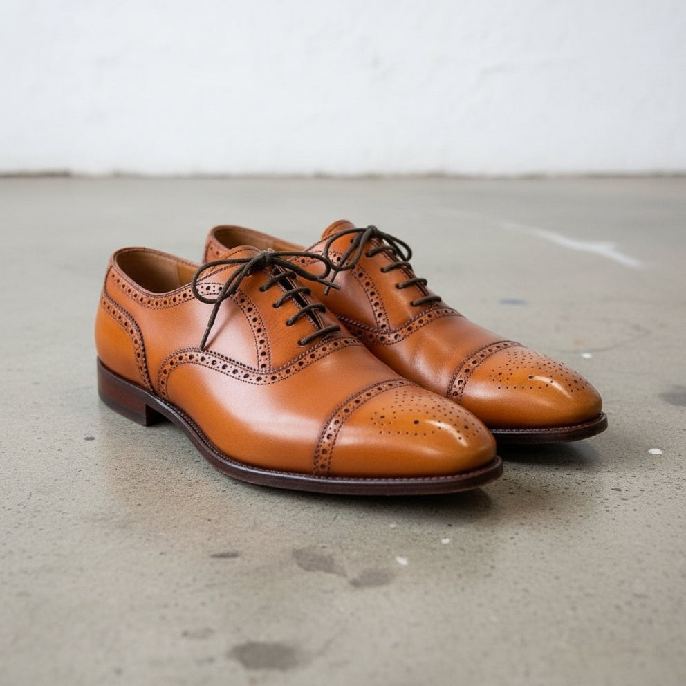 Men's Tan Cap-Toe Brogue Leather Oxfords — Earlham — Earlham