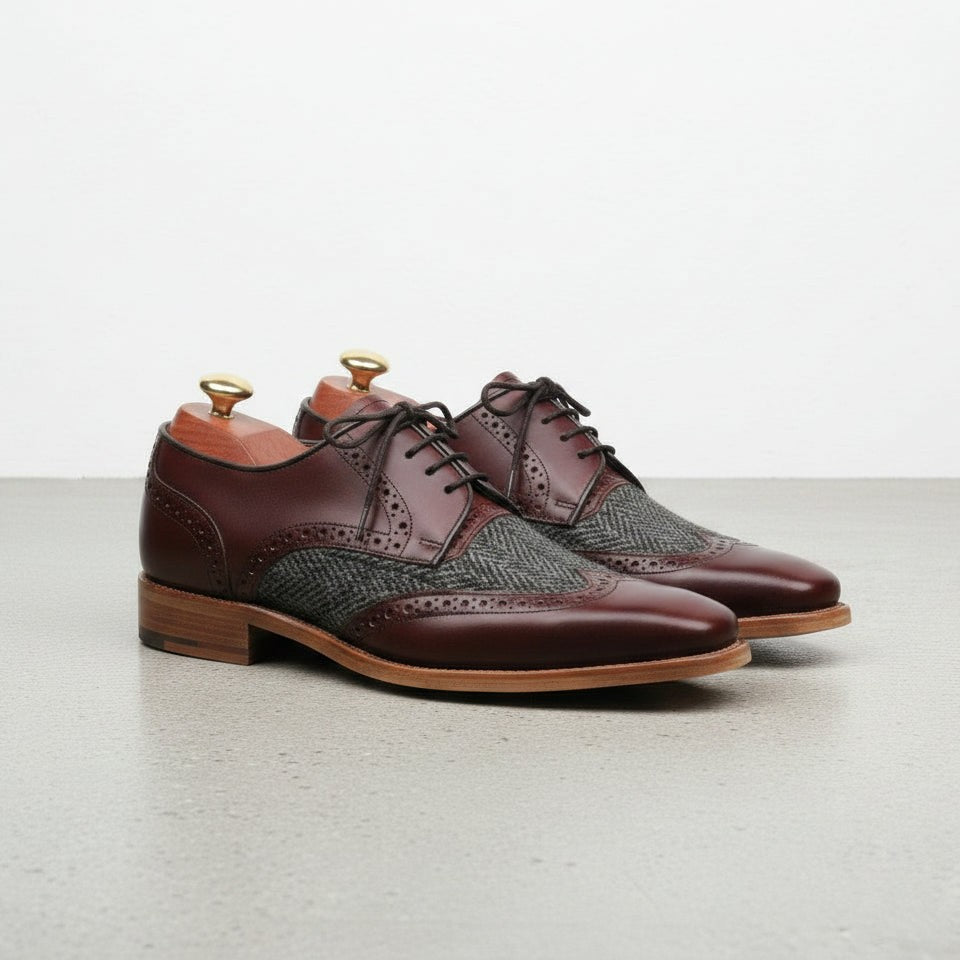 Men's Burgundy and Grey Wingtip Leather Oxfords — Primrose — Primrose