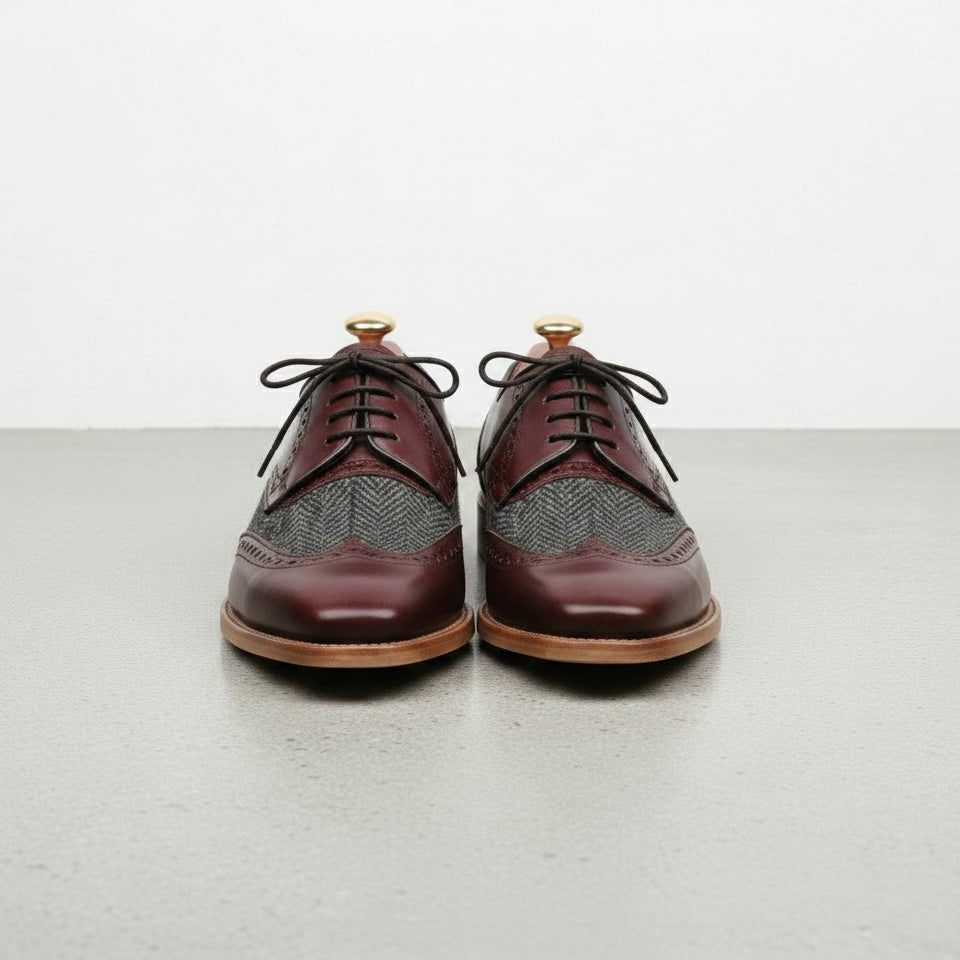 Men's Burgundy and Grey Wingtip Leather Oxfords — Primrose — Primrose