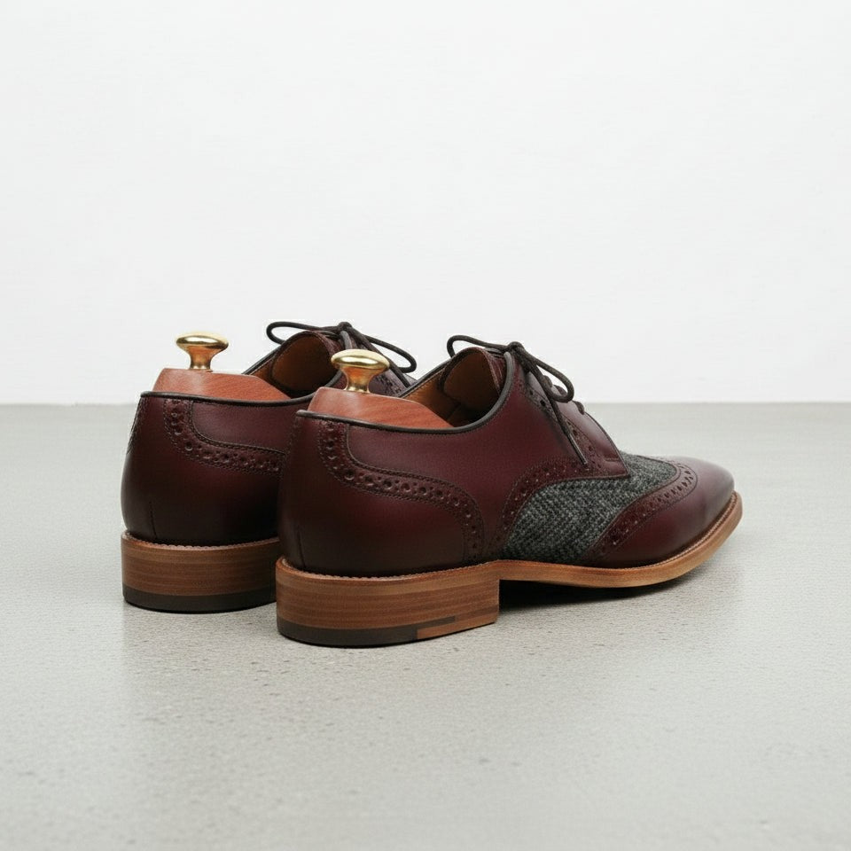 Men's Burgundy and Grey Wingtip Leather Oxfords — Primrose — Primrose