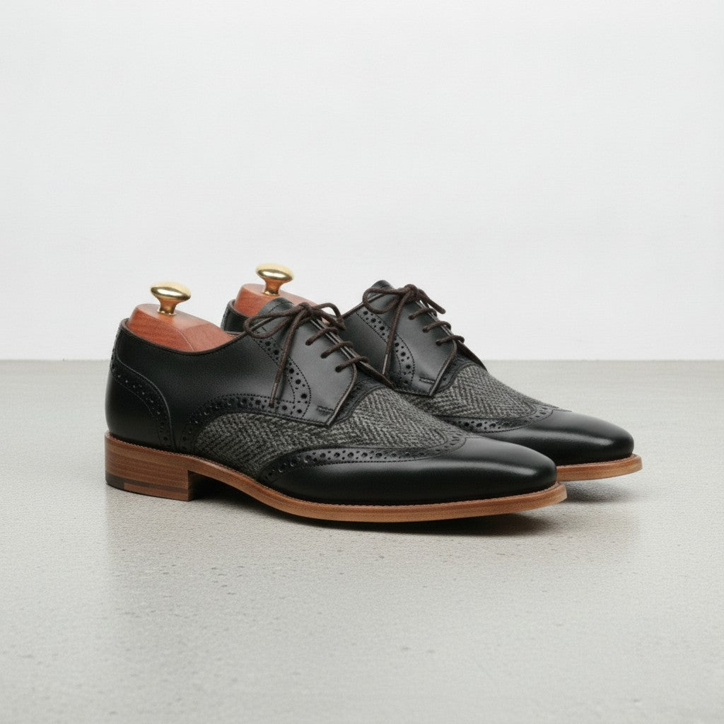 Men's Black and Grey Wingtip Leather Oxfords — Primrose