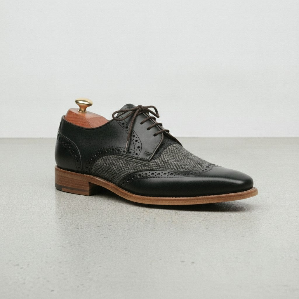 Men's Black and Grey Wingtip Leather Oxfords — Primrose