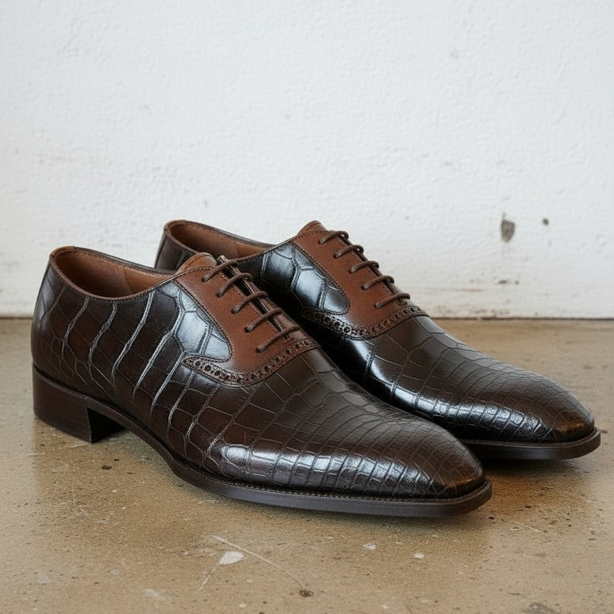 Men's Dark Brown Cap-Toe Alligator-Embossed Leather Oxfords — Ryde — Ryde
