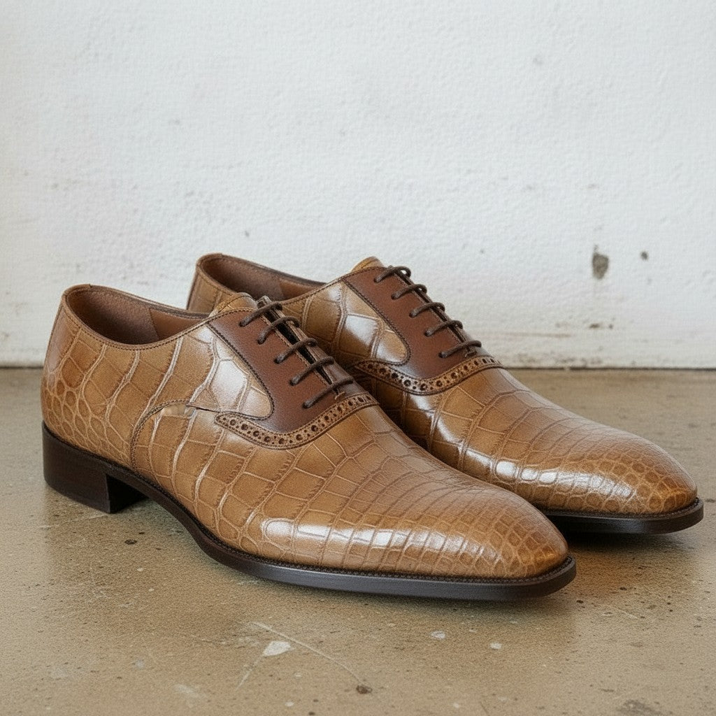 Men's Tan Cap-Toe Crocodile-Embossed Leather Oxfords — Ryde