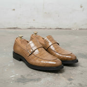 Men's Tan Crocodile-Embossed Leather Monk Strap Loafers — Worthing