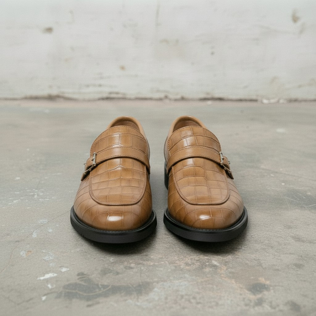 Men's Tan Crocodile-Embossed Leather Monk Strap Loafers — Worthing