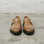 Men's Tan Crocodile-Embossed Leather Monk Strap Loafers — Worthing