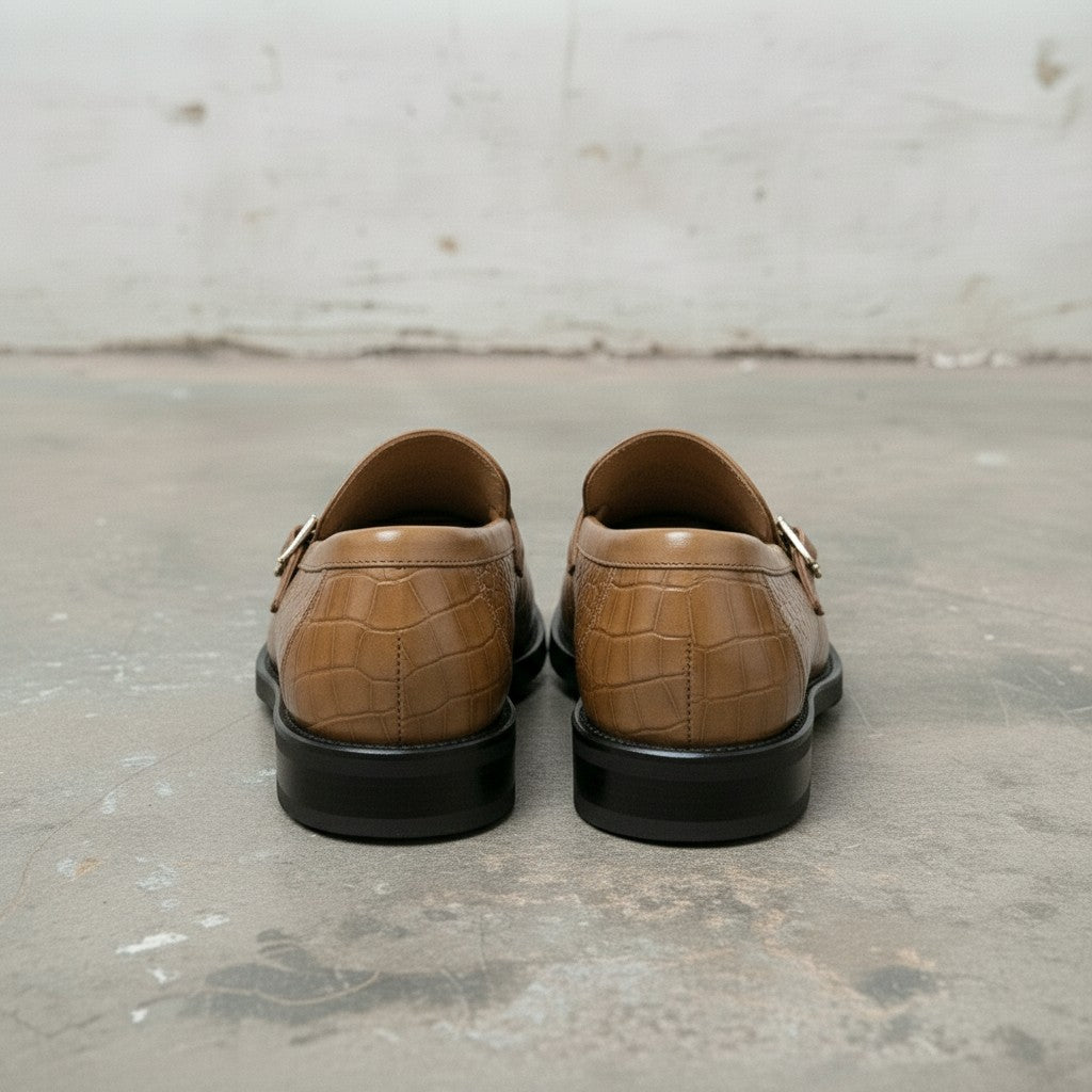Men's Tan Crocodile-Embossed Leather Monk Strap Loafers — Worthing