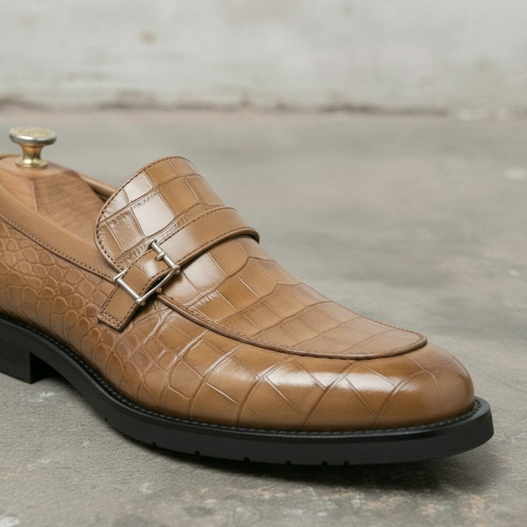 Men's Tan Crocodile-Embossed Leather Monk Strap Loafers — Worthing