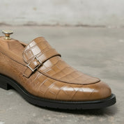 Men's Tan Crocodile-Embossed Leather Monk Strap Loafers — Worthing