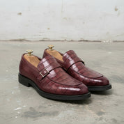 Men's Burgundy Crocodile-Embossed Leather Monk Strap Loafers — Worthing — Worthing