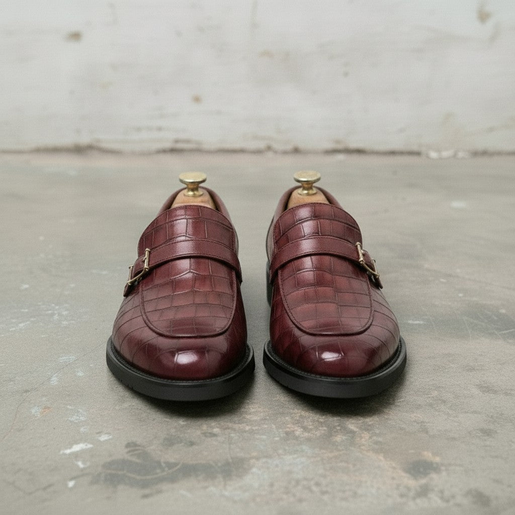 Men's Burgundy Crocodile-Embossed Leather Monk Strap Loafers — Worthing — Worthing