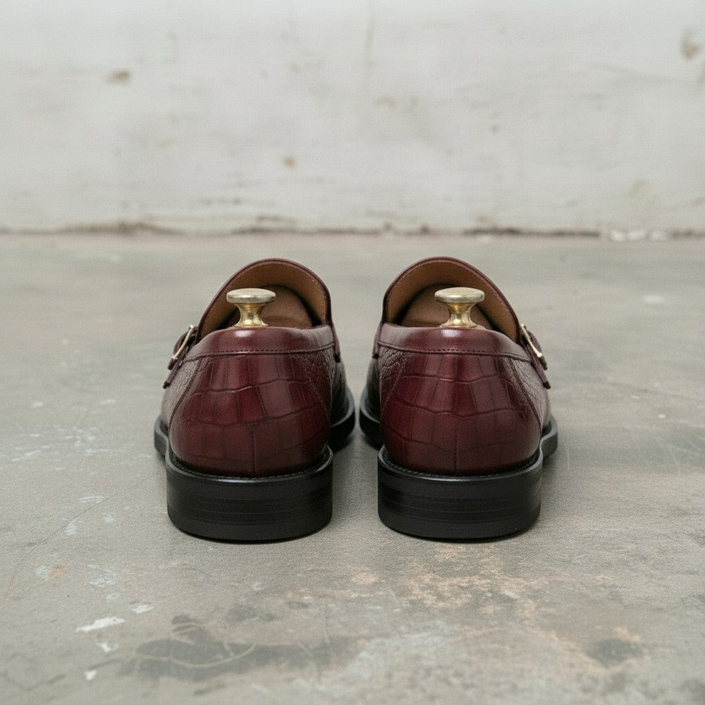 Men's Burgundy Crocodile-Embossed Leather Monk Strap Loafers — Worthing — Worthing
