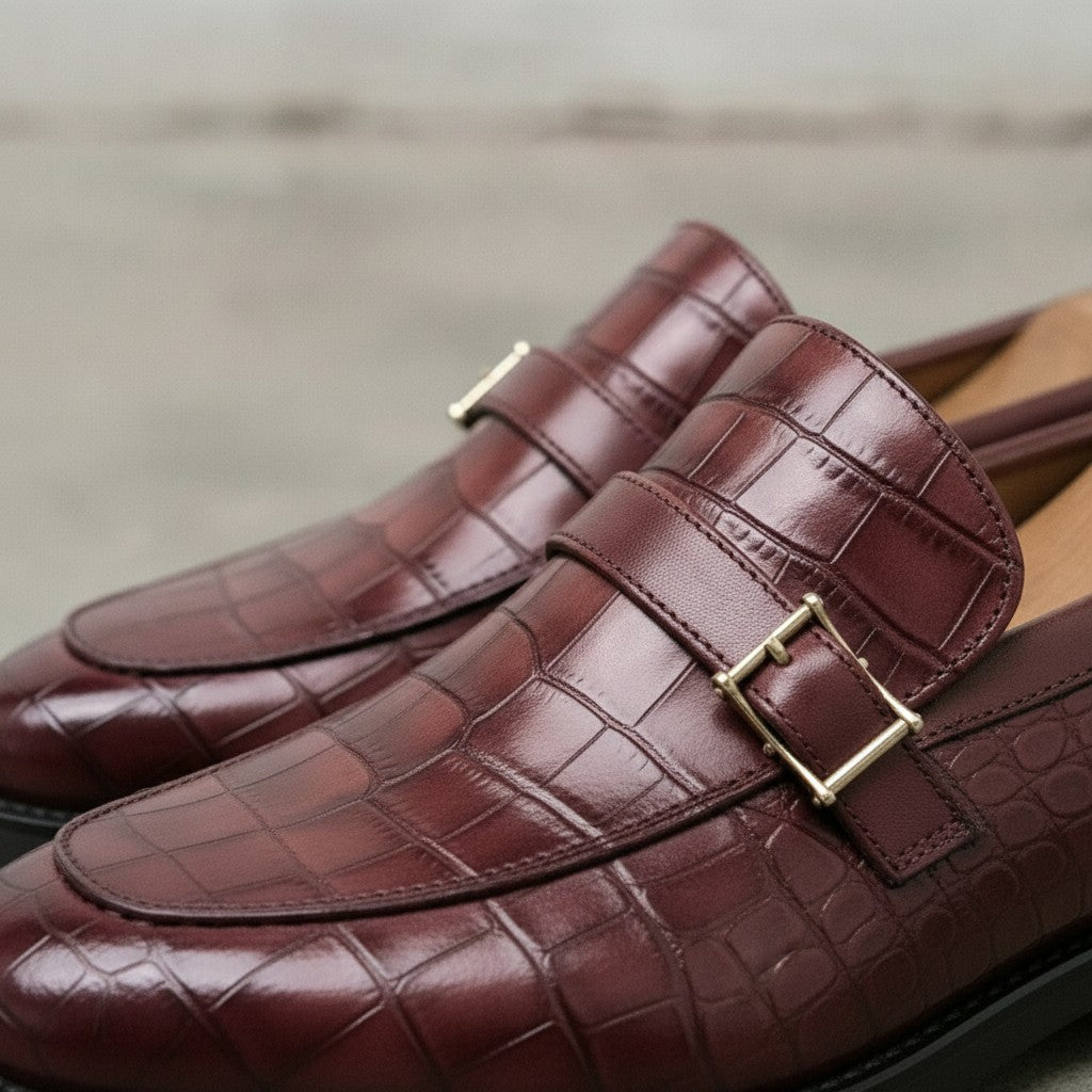 Men's Burgundy Crocodile-Embossed Leather Monk Strap Loafers — Worthing — Worthing
