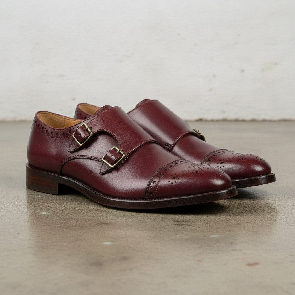 Men's Burgundy Cap-Toe Leather Double Monk Strap Shoes — Tunbridge — Tunbridge