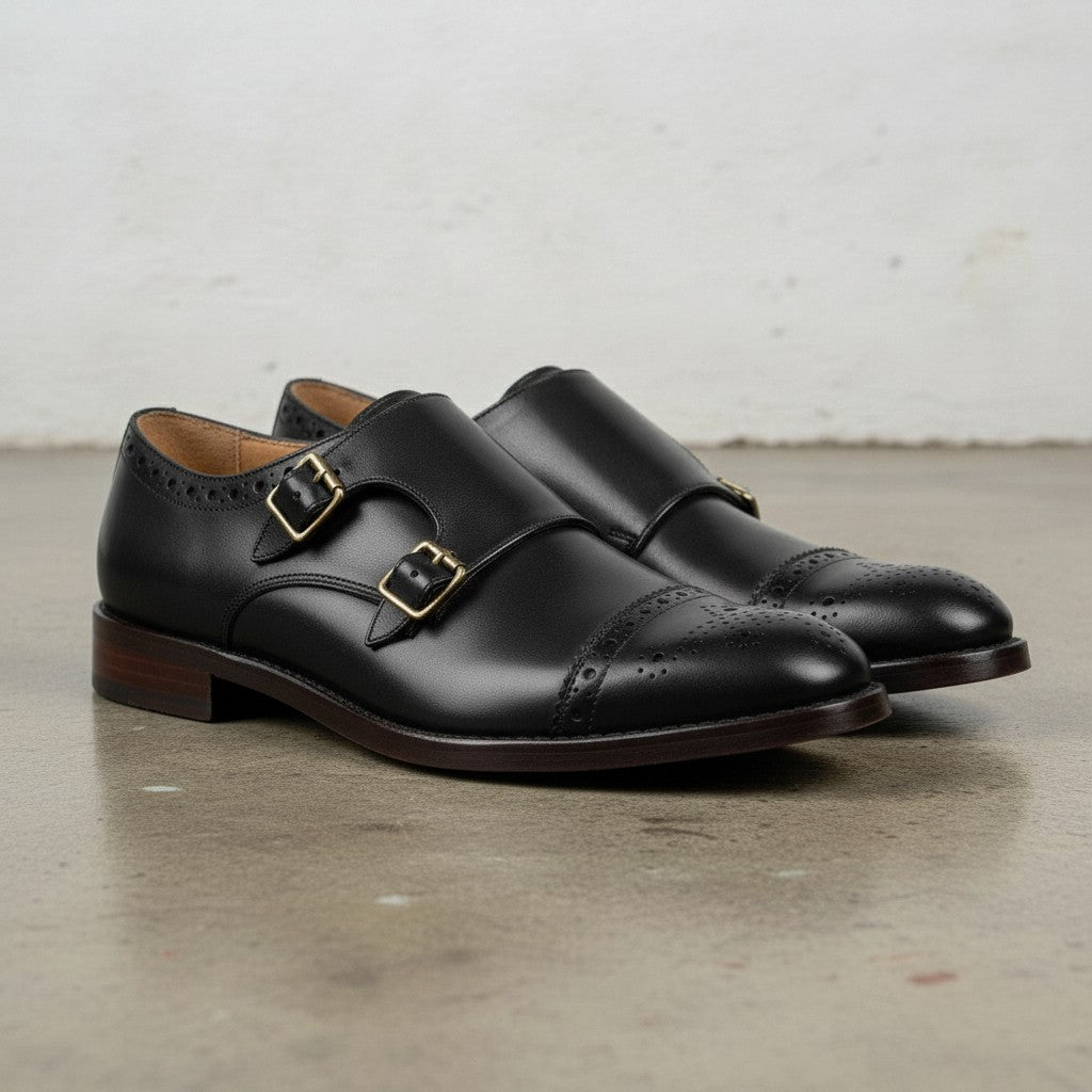 Men's Black Cap-Toe Leather Double Monk Strap Shoes — Tunbridge