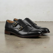 Men's Black Cap-Toe Leather Double Monk Strap Shoes — Tunbridge