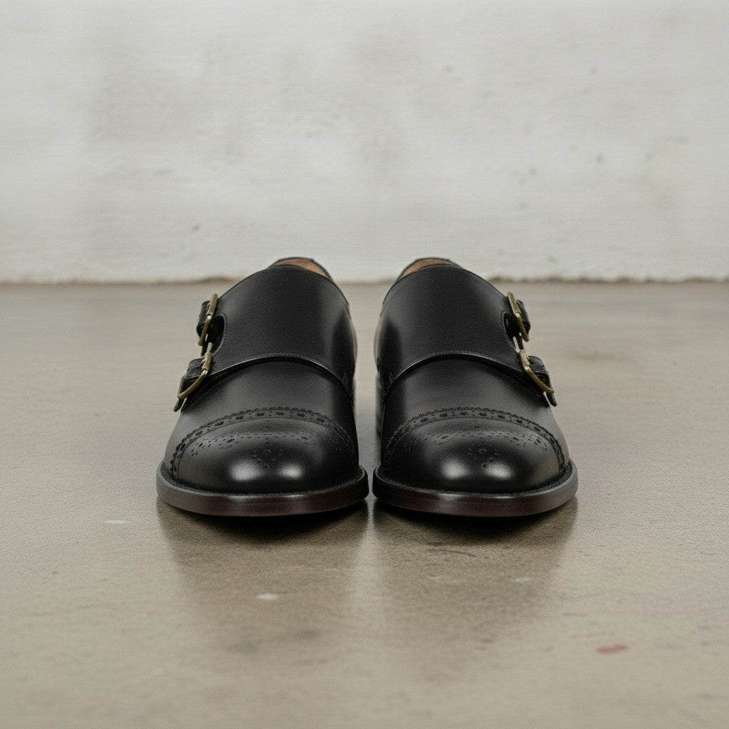 Men's Black Cap-Toe Leather Double Monk Strap Shoes — Tunbridge