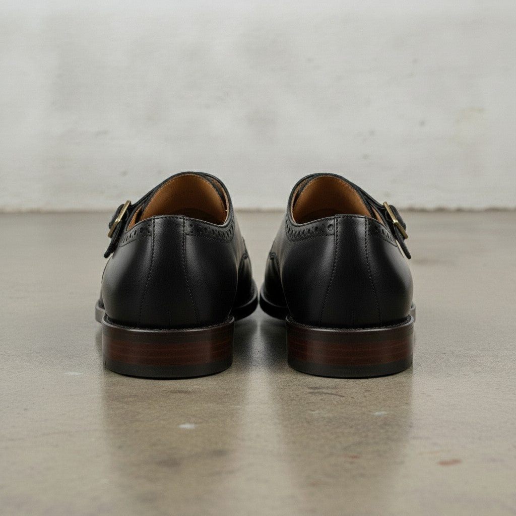 Men's Black Cap-Toe Leather Double Monk Strap Shoes — Tunbridge