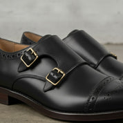 Men's Black Cap-Toe Leather Double Monk Strap Shoes — Tunbridge
