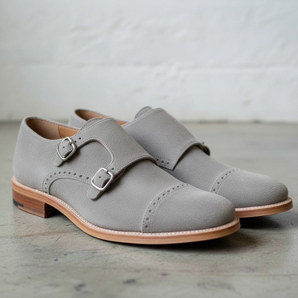 Men's Royal Light Gray Cap-Toe Suede Double Monk Strap Shoes — Newmarket