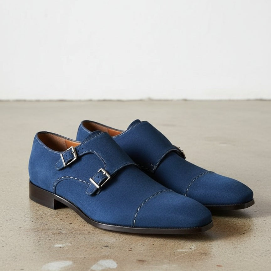 Men's Royal Blue Cap-Toe Suede Double Monk Strap Shoes