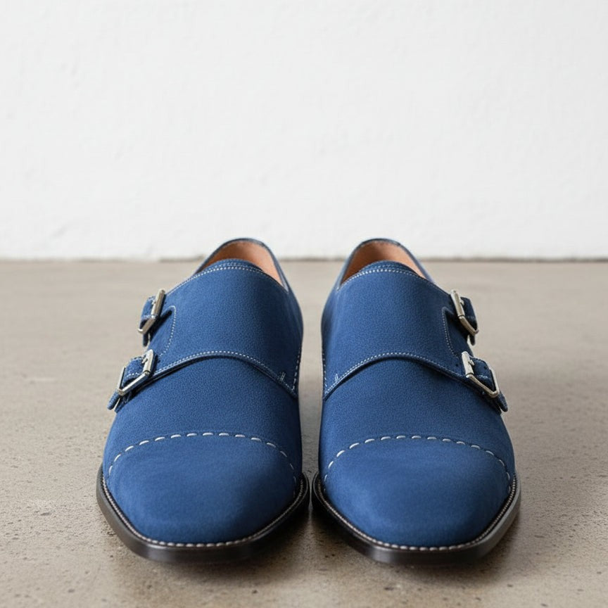 Men's Royal Blue Cap-Toe Suede Double Monk Strap Shoes — Awbridge — Awbridge