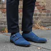Men's Royal Blue Cap-Toe Suede Double Monk Strap Shoes — Awbridge — Awbridge