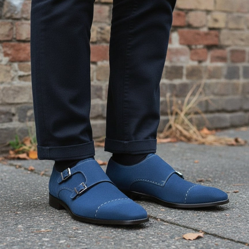 Men's Royal Blue Cap-Toe Suede Double Monk Strap Shoes — Awbridge — Awbridge