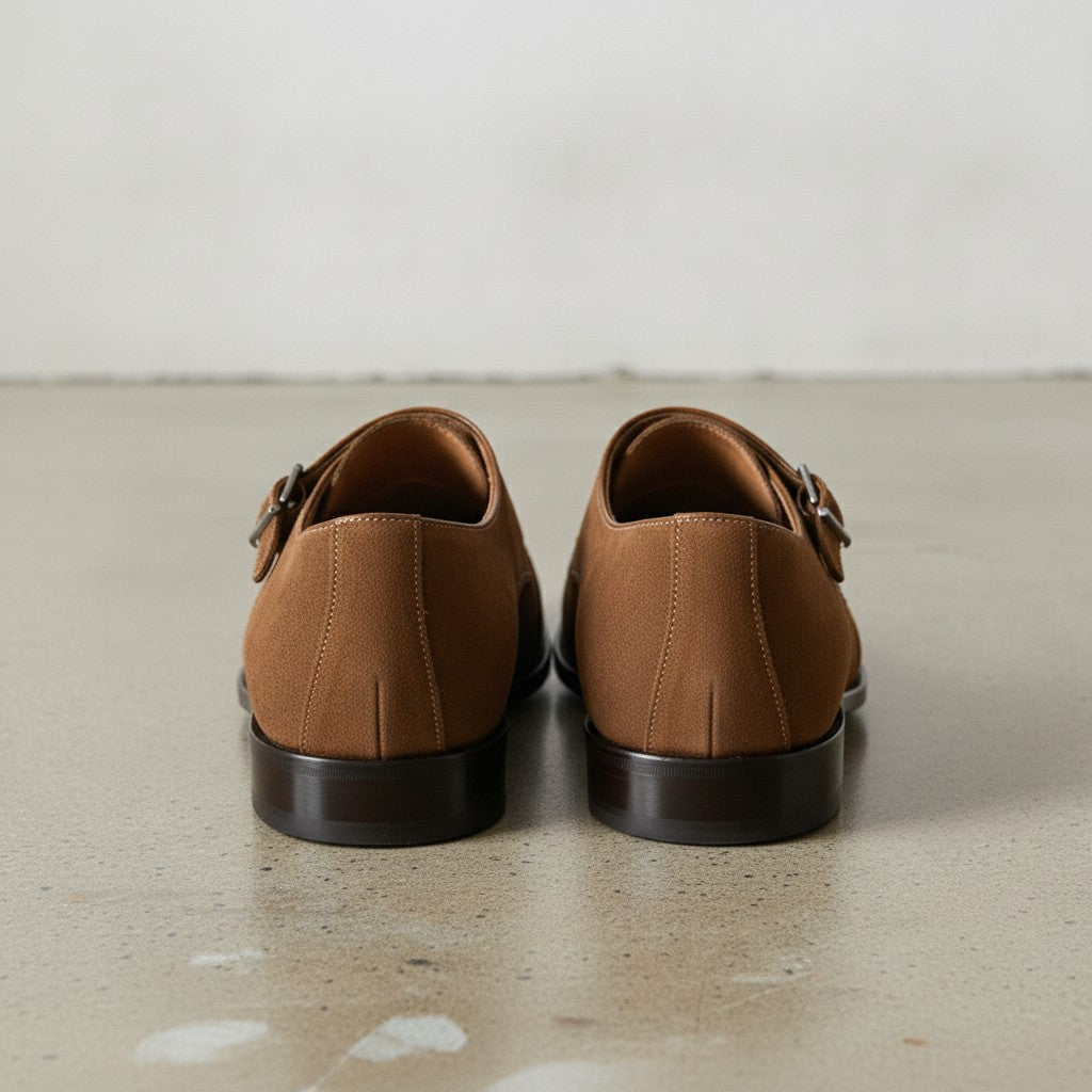 Men's Brown Cap-Toe Suede Double Monk Strap Shoes — Awbridge