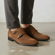 Men's Brown Cap-Toe Suede Double Monk Strap Shoes — Awbridge