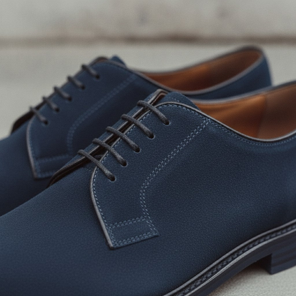 Men's Navy Blue Suede Plain-Toe Derby Shoes — Andrewes