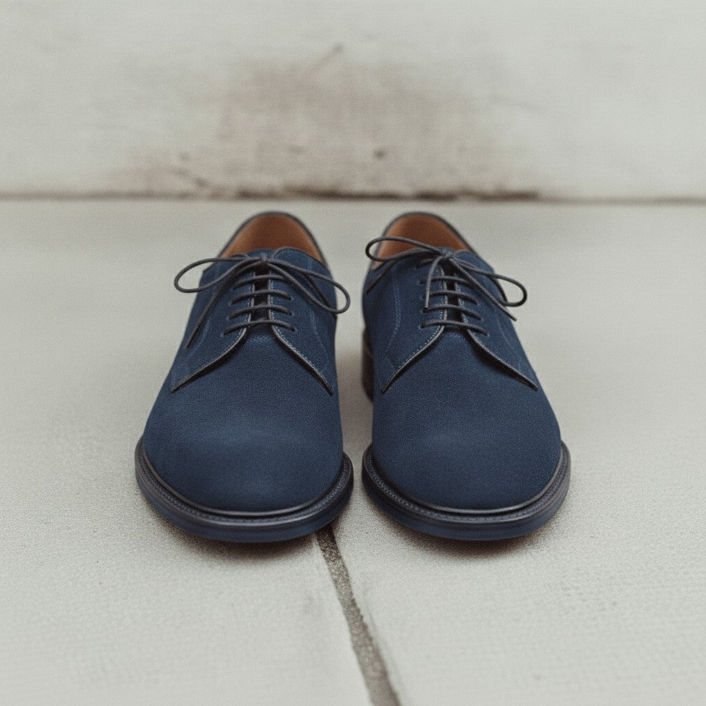 Men's Navy Blue Suede Plain-Toe Derby Shoes — Andrewes