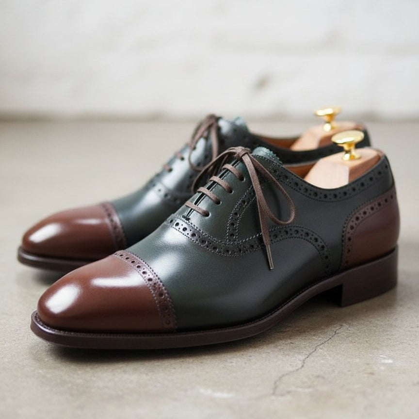 Men's Dark Green and Brown Cap-Toe Leather Oxfords — Bunting — Bunting
