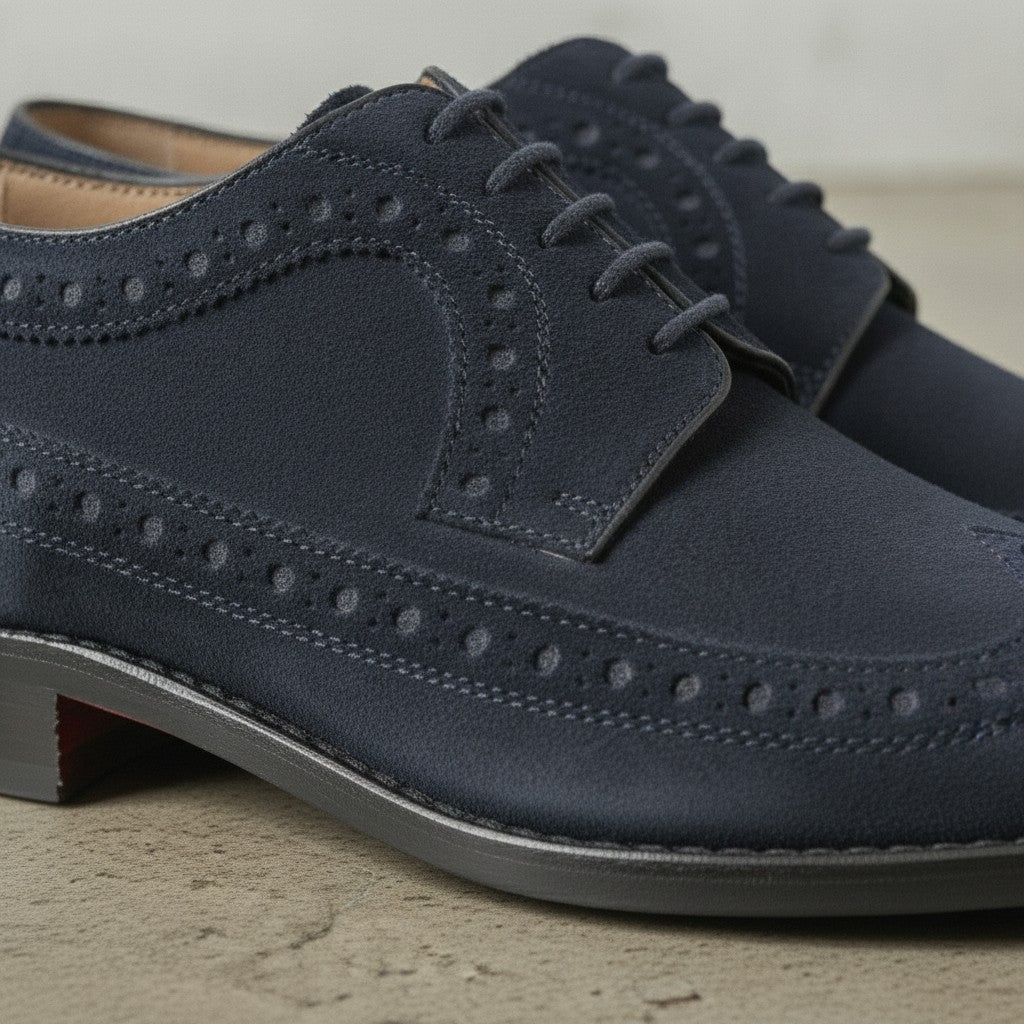 Navy Blue Wingtip Suede Derby — Hobart