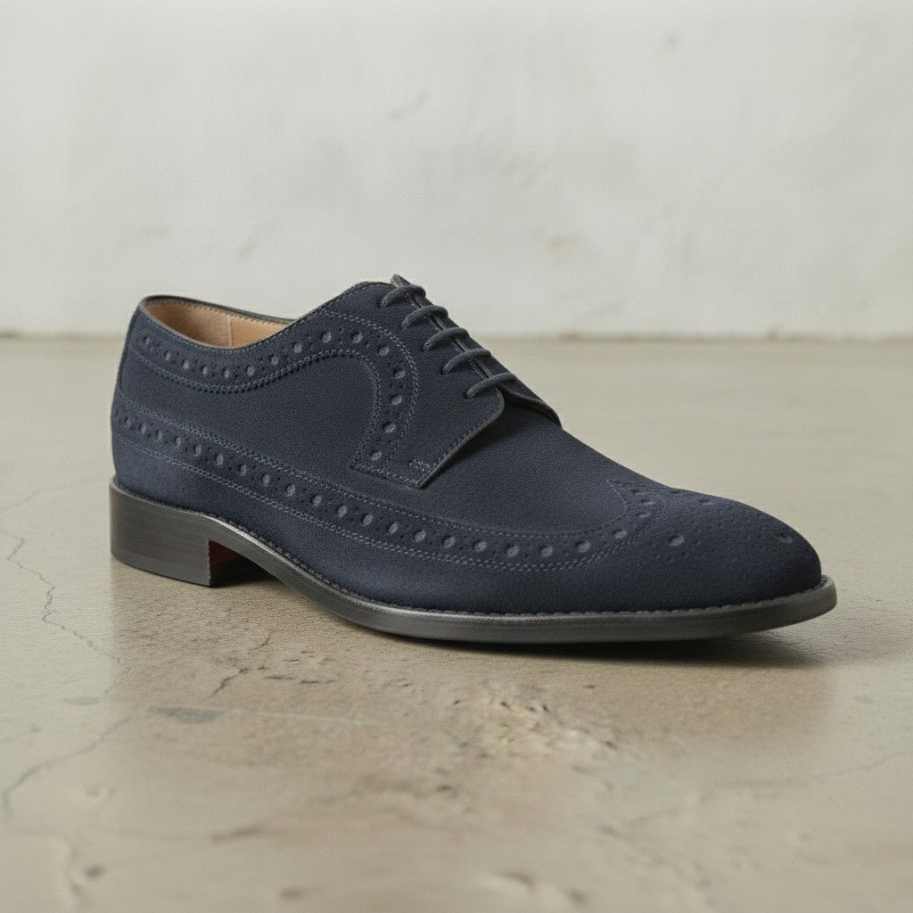Navy Blue Wingtip Suede Derby — Hobart