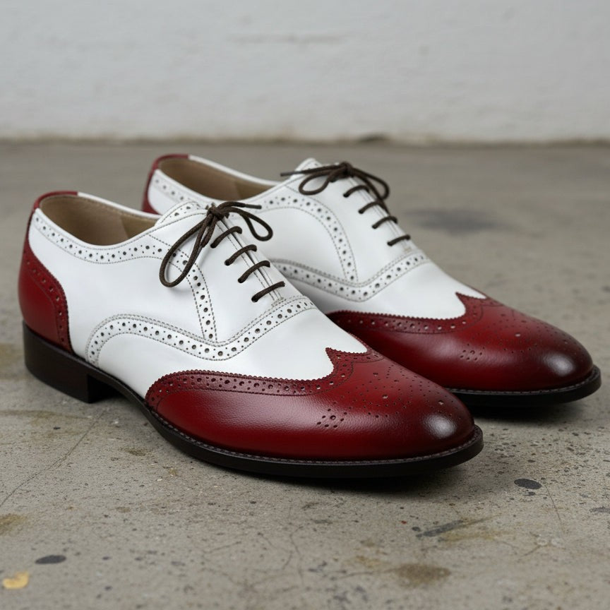 Men's White and Burgundy Wingtip Leather Spectator Oxfords — Thompson — Thompson
