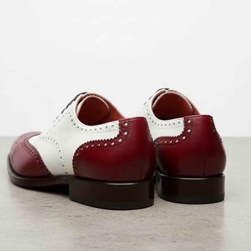 Men's White and Burgundy Wingtip Leather Spectator Oxfords — Thompson — Thompson