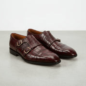Men's Burgundy Crocodile-Embossed Leather Double Monk Strap Shoes — Heddon — Heddon