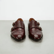 Men's Burgundy Crocodile-Embossed Leather Double Monk Strap Shoes — Heddon — Heddon