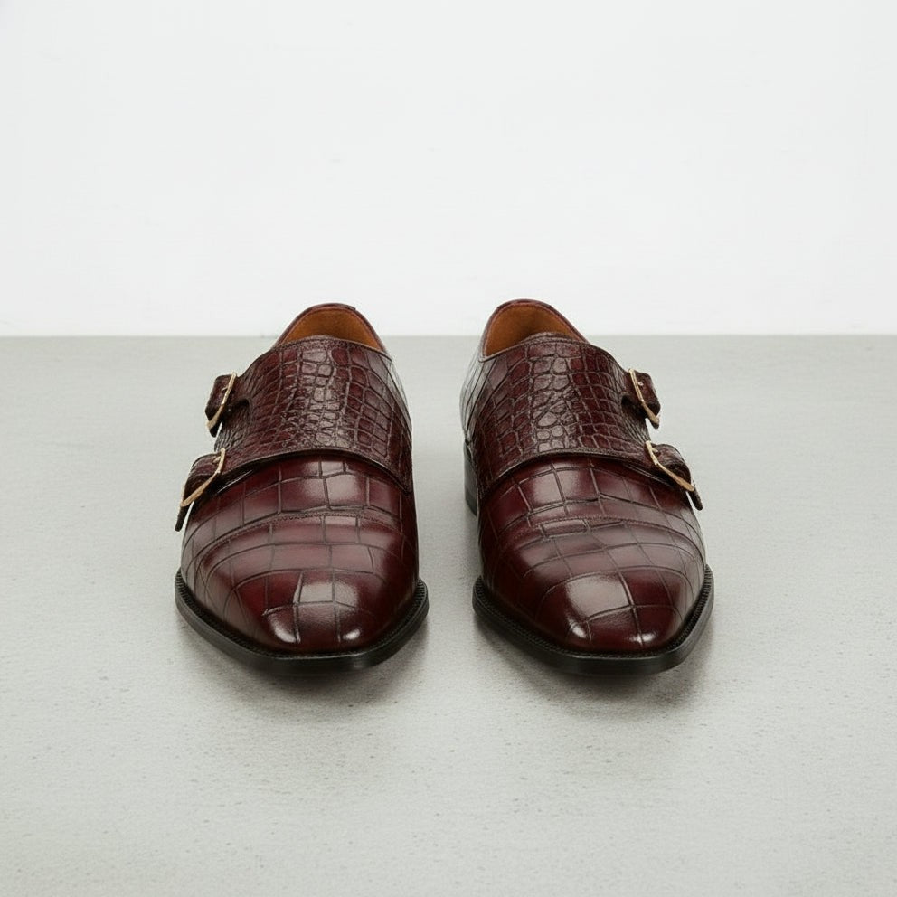 Men's Burgundy Crocodile-Embossed Leather Double Monk Strap Shoes — Heddon — Heddon