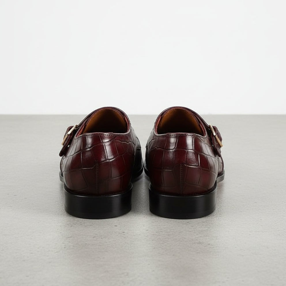 Men's Burgundy Crocodile-Embossed Leather Double Monk Strap Shoes — Heddon — Heddon