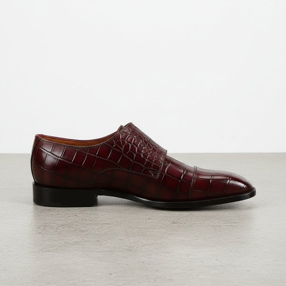 Men's Burgundy Crocodile-Embossed Leather Double Monk Strap Shoes — Heddon — Heddon